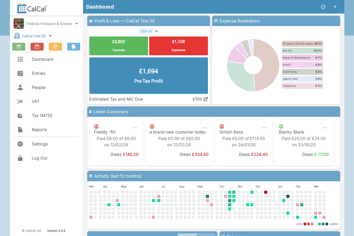 CalCal dashboard