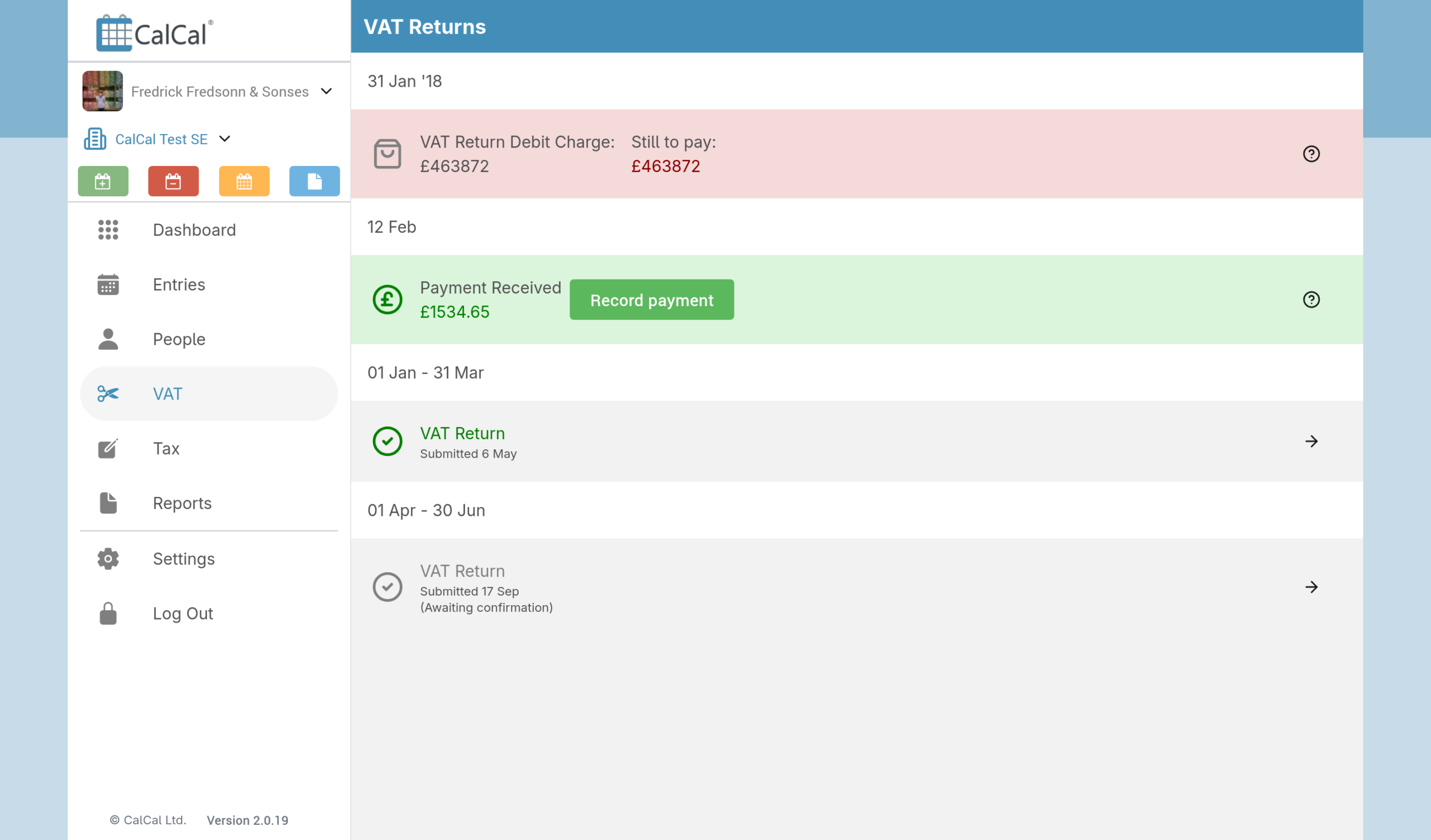 CalCal dashboard showing calendar-based accounting